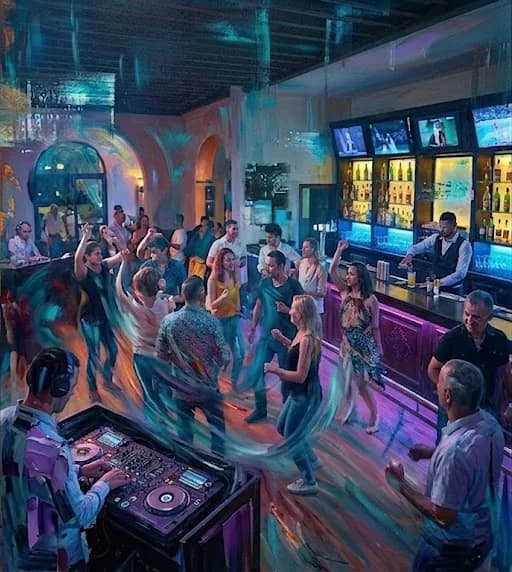 Le pub le soir : le DJ aux platines, la piste qui danse et le bar éclairé